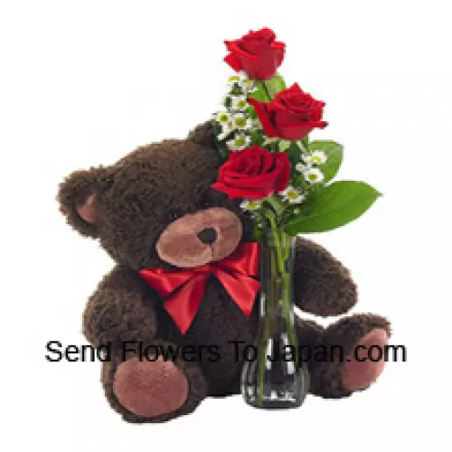 3 Rose Rosse con alcune felci in un vaso di vetro insieme a un grazioso orsacchiotto alto 14 pollici