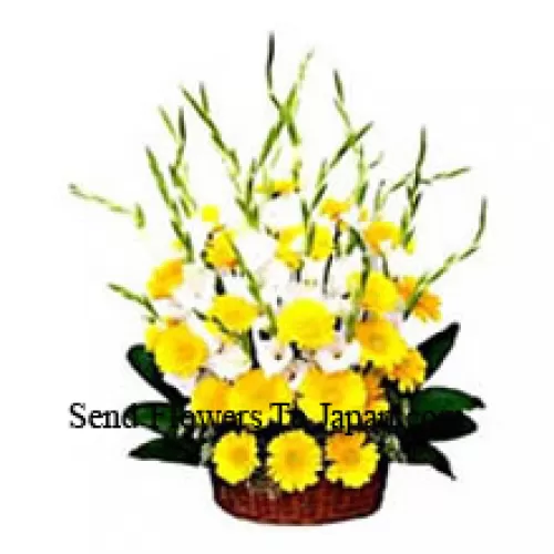 Basket Of Seasonal Flowers And Yellow Gerberas