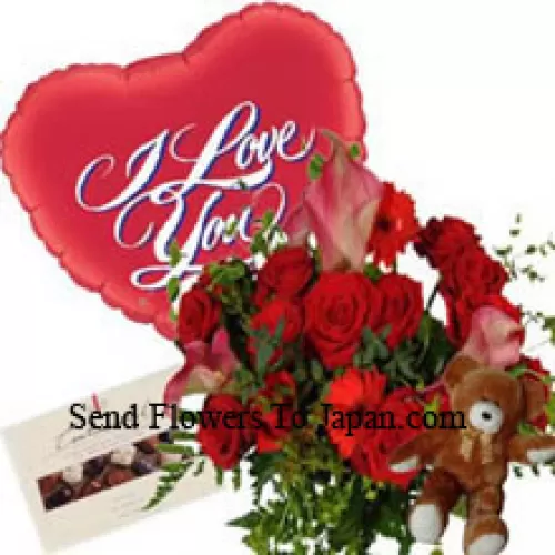 Bouquet de Géraniums Rouges et de Roses Rouges, Ballon "Je t'aime", Ours en Peluche Mignon et une Boîte de Chocolats