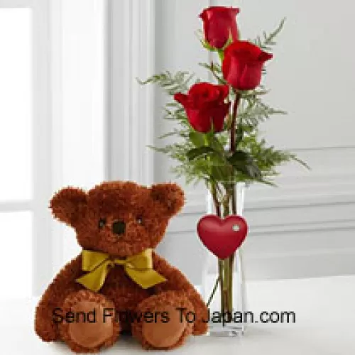 Trois roses rouges dans un vase tube à essai rouge et un mignon ourson brun de 10 pouces (Nous nous réservons le droit de remplacer le vase en cas de non-disponibilité. Stock limité)