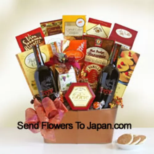 This Gift Basket has a bottle of Cabernet Sauvignon (Red Wine), a bottle of Merlot (Red Wine) , biscotti, Lindt truffles, gourmet snack mix, Sonoma cheese straws, cheese, flatbread crisps, cranberry harvest medley, carrot cake cookies, toasted almonds, a hot fudge brownie, vanilla caramels, gourmet popcorn and French vanilla wafer cookies. (Contents of basket including wine may vary by season and delivery location. In case of unavailability of a certain product we will substitute the same with a product of equal or higher value)