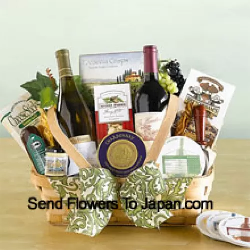 This Thanks Giving Gift Basket includes two California Red Wine, cheese, crisp crackers, pistachios, nuts, salami, chocolate chip cookies, a Napa Valley mini mustard, and a set of coasters along with a keepsake cheese spreader.  (Contents of basket including wine may vary by season and delivery location. In case of unavailability of a certain product we will substitute the same with a product of equal or higher value)