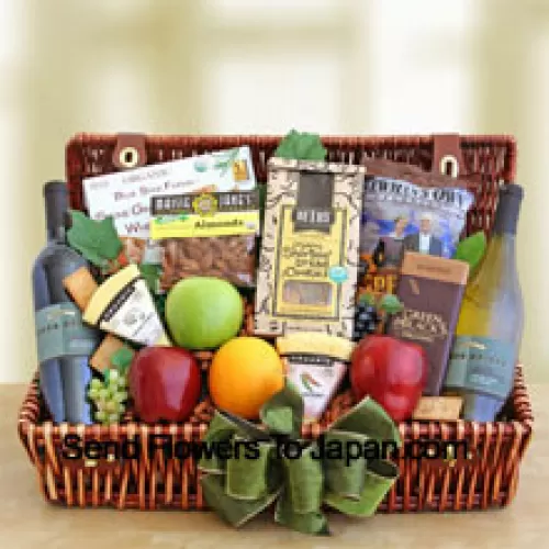 This Chinese New Year Gift Basket includes Fresh fruits, such as crisp apples and juicy oranges, two organic creamy cheeses and stone ground crackers, two bottles of organic wine, premium roasted organic almonds, a bag of crispy chips and delicious Shortnin’ bread cookies. (Contents of basket including wine may vary by season and delivery location. In case of unavailability of a certain product we will substitute the same with a product of equal or higher value)